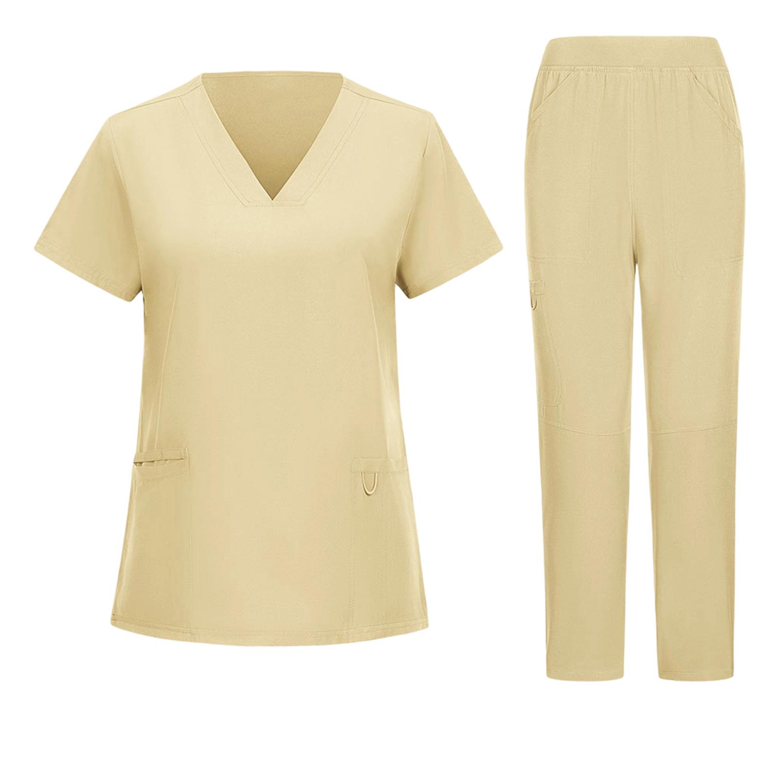 

Women s Short Sleeved Color Round Neck Pocket Top Pants Work Clothes Two Piece Set M бежевый