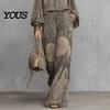 Relaxed Fit Women Outfit Boho Print 2 Piece Sets for Women, Casual Long Sleeve Top Side Pocket Pants Wide Leg Matching Sets, Summer Loose Travel