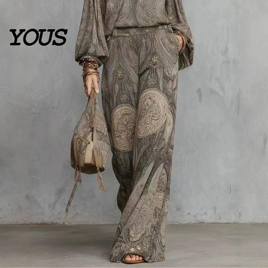 Relaxed Fit Women Outfit Boho Print 2 Piece Sets for Women, Casual Long Sleeve Top Side Pocket Pants Wide Leg Matching Sets, Summer Loose Travel