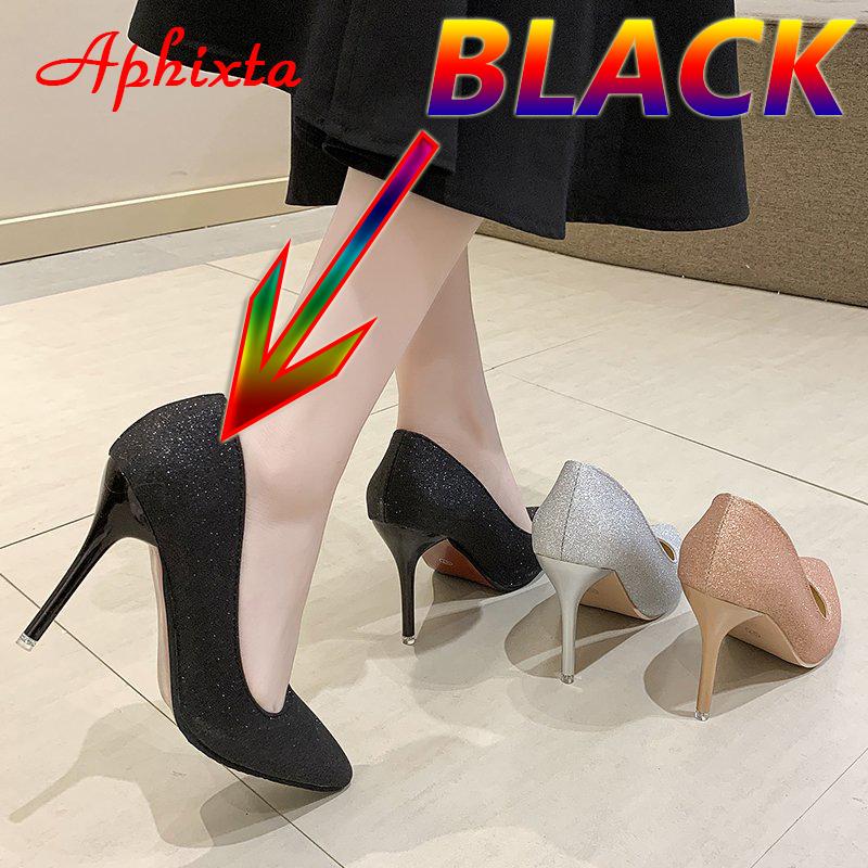 Aphixta New Bling Sequined Leather Shoes Women High 10cm Thin Heel Pointed Toe Wedding Official Pumps Woman Big Size 49 50