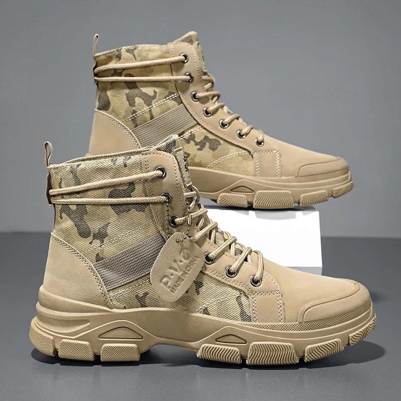 Fashion Camouflage Shoes for Men Fashion Lace Up Outdoor Male Booties New Ankle Boots for Men Spring Chunky Desert Ankle Boots