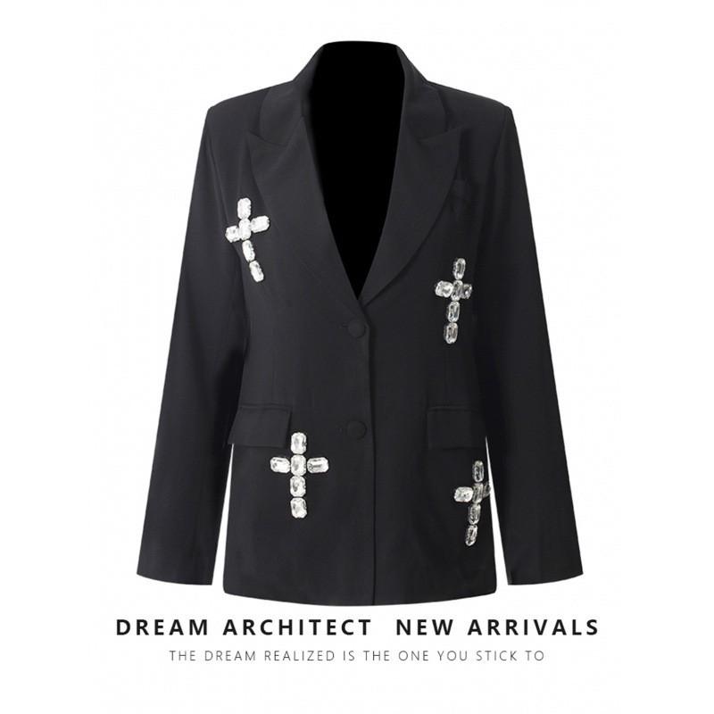 Elegant Oversized Blazer With Crystal Rhinestone Embellishment Loose Fit Office Chic Jacket Women