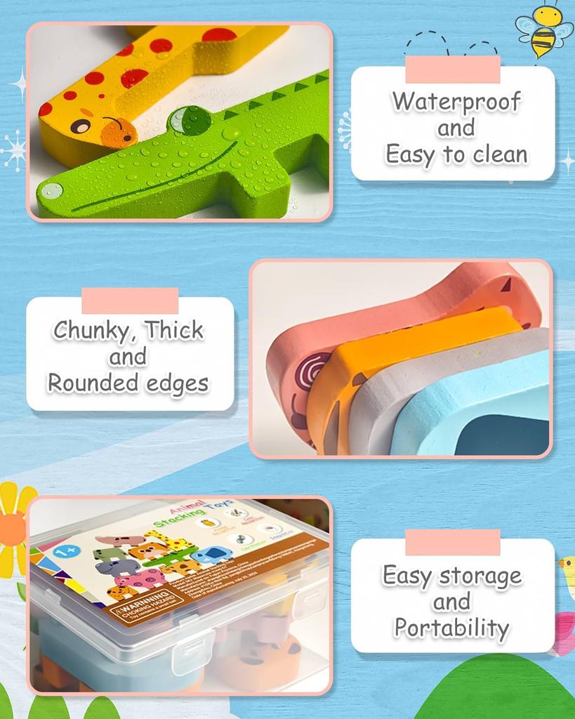 Montessori Toys for 1 2 3 4 Year Old Boys Girls, Toddler Toys Age 2-4, 10 Pack Wooden Animal Blocks Sorting & Stacking Education