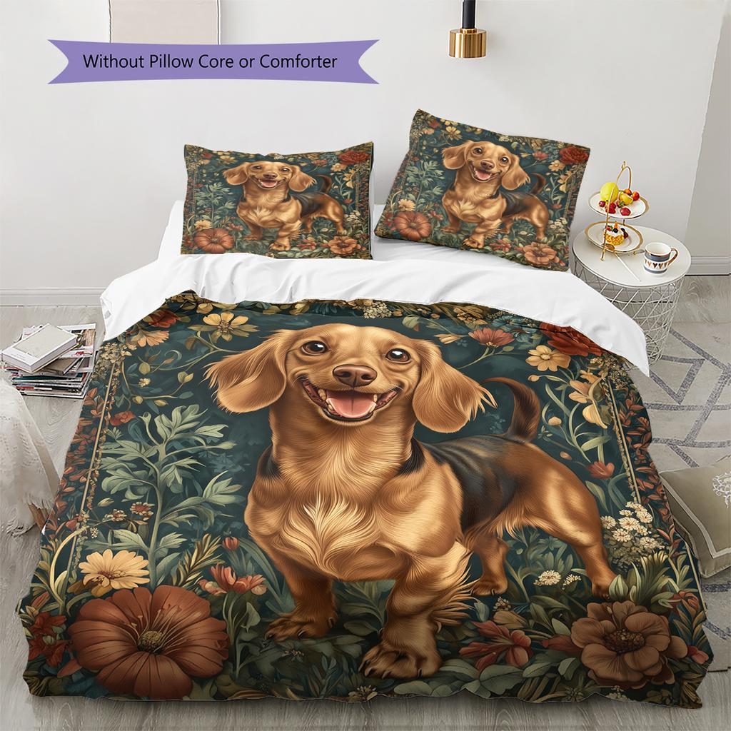 Happy Dachshund Pattern Bedding Home Decoration Birthday Gift (1 * duvet cover + 2 * pillowcase, without core)