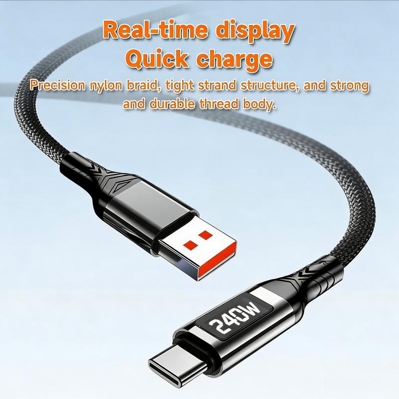 Digital Display Type C Cable 240W Super Fast Charging Cord Sturdy Nylon Braided USB-C Type-C Data Line for IPhone Samsung Xiaomi