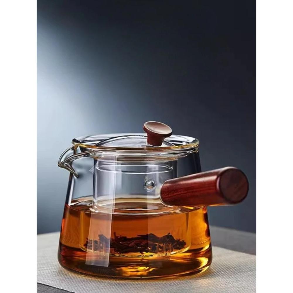 CMGF-Tea Kettle, Side Handle Glass Tea Kettle, Thickened High Temperature Resistant Tea Cooker Tea Kettle with Wooden Handle