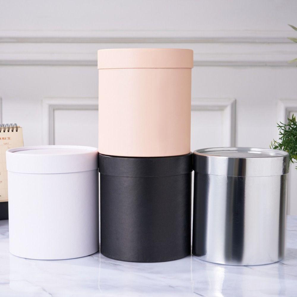 Round Flower Gift Box Solid Color Cardboard Gift Packaging Paper Box Silver Flower Arrangement Bucket Wedding Party Decoration