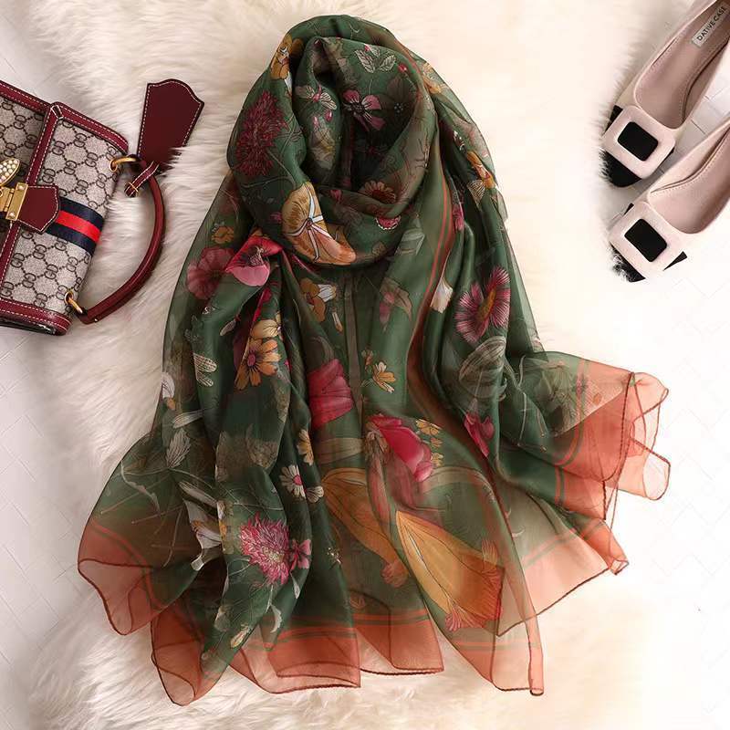 Sciarpa Di Seta Da Donna - Sciarpa In Chiffon Fiore Stampato Moda Stile Foulard Casual Colorato Sciarpa Classica Scialle Di Protezione Solare Scarf
