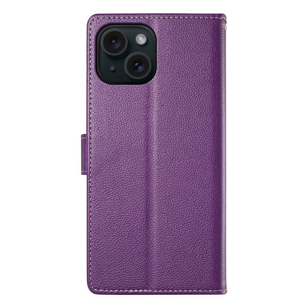 DF-012 For iPhone 15 Case Litchi Texture Leather Magnetic Clasp Wallet Stand Phone Cover