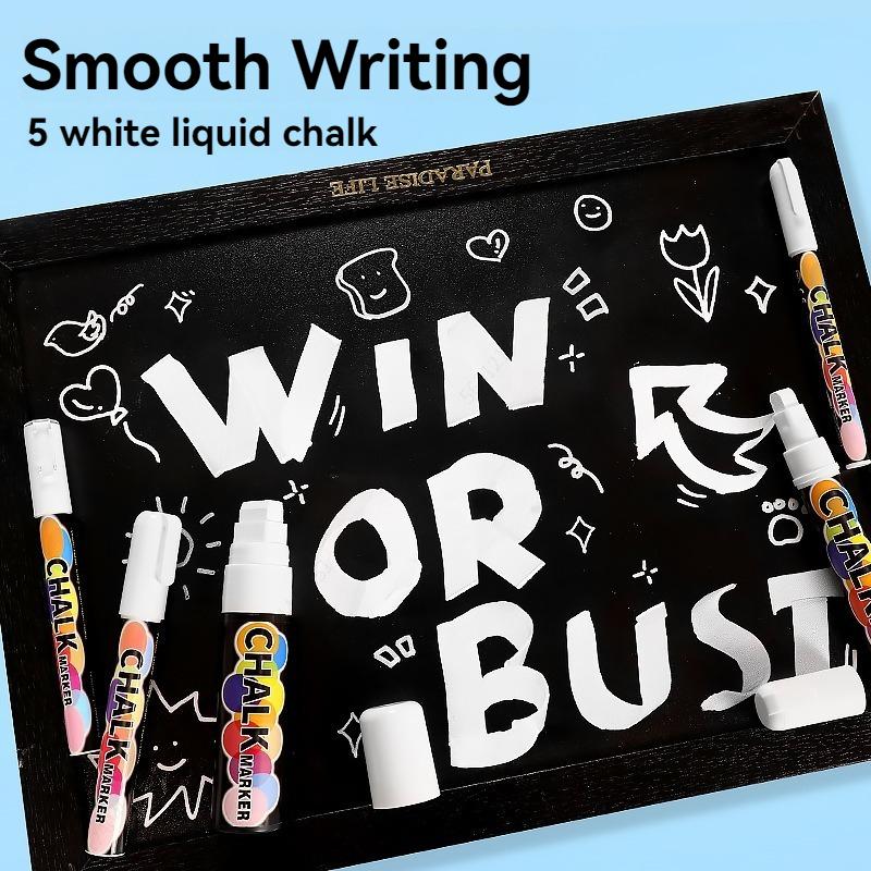 5 Stück/Set Weiße Kreidemarker - Flüssige Tafelmarker, Weißer Flüssigkreidemarker für Fenster, Glas - 1, 3, 6, 10, 15mm Spitzen