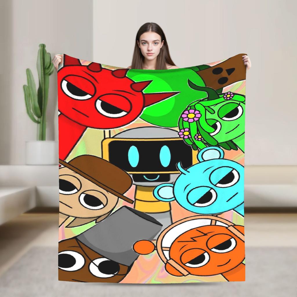 Sprunki Spiel-Flanelldecke, originelle Kuscheldecke für Zuhause, Hotel, Sofa, 125 x 100 cm, flauschig, dünn, Steppdecke