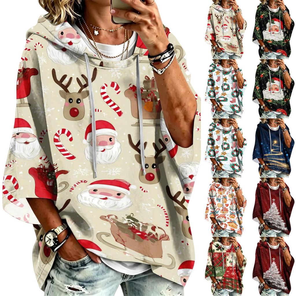 Women's Fashion Christmas Print Hooded Pullover Top, 3/4 Sleeve Casual Tunic