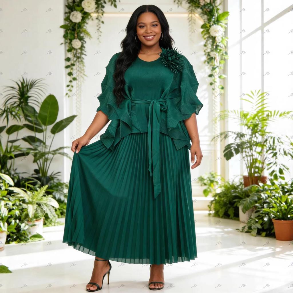 Miyaki Plus Size Lace-up Two-piece Pleated Women's Set