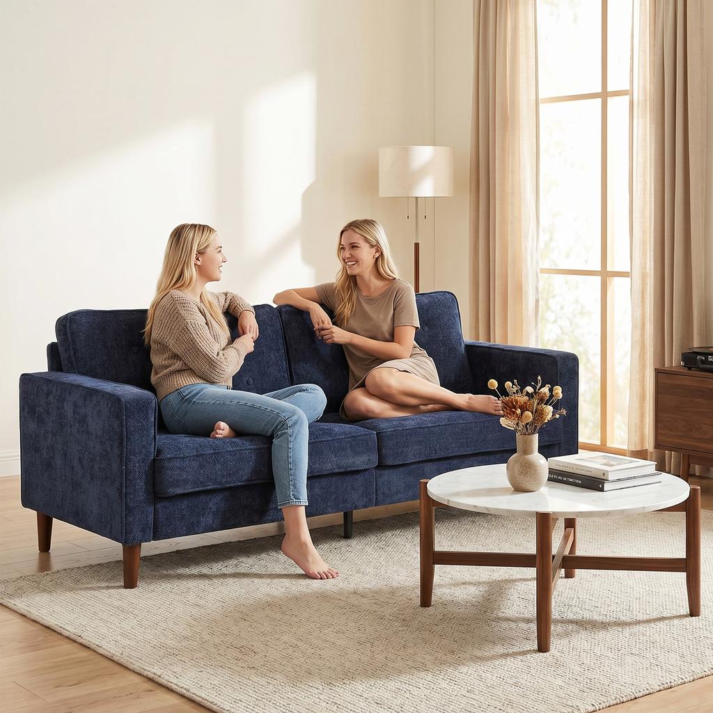 3 Seater Sofa Button Tufted Upholstered Velvet Couch with Wood Legs for Living Room, Dark Blue
