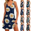 Women's Casual Fashion V-neck Sleeveless Floral Print Side Pocket Dress