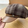 Octagonal Hat Women Autumn Winter Pu Leather Plaid Brim Casual Fashion Accessory For Travel