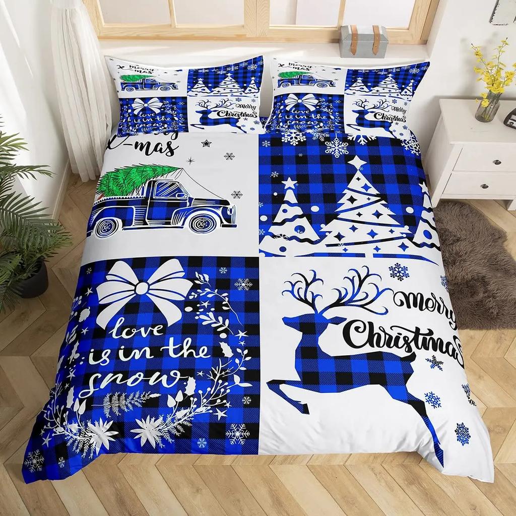 Comforter Merry Christmas Red Buffalo Checked Rustic Truck Comforter plaid Xmas Tree Elk Deer Snowflake Bedding Sets