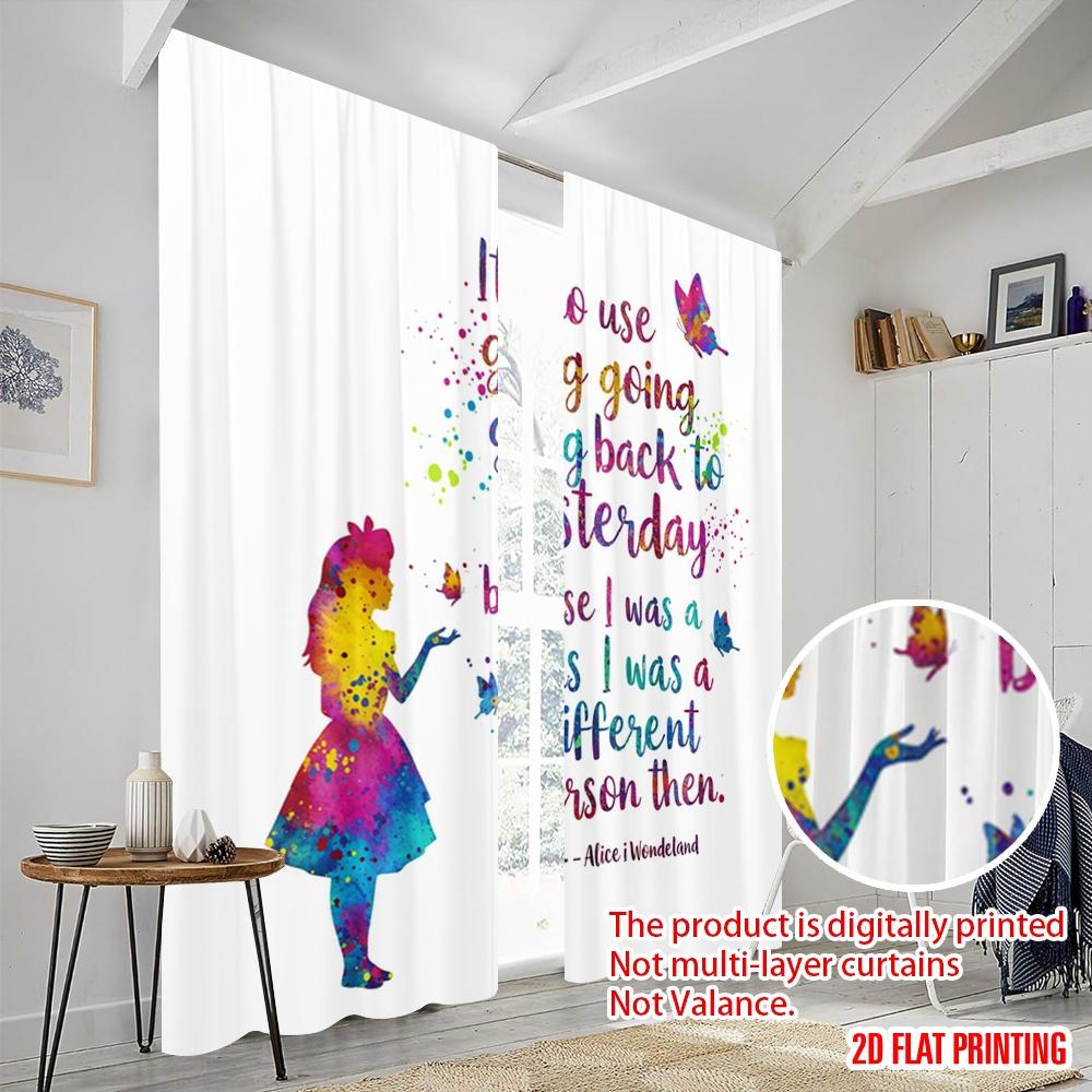 2pcs 2D Flat Printing Drapes Alice Watercolor Butterflies Quote Polyester Fabric Without Electricity Festive Holiday Perfect for