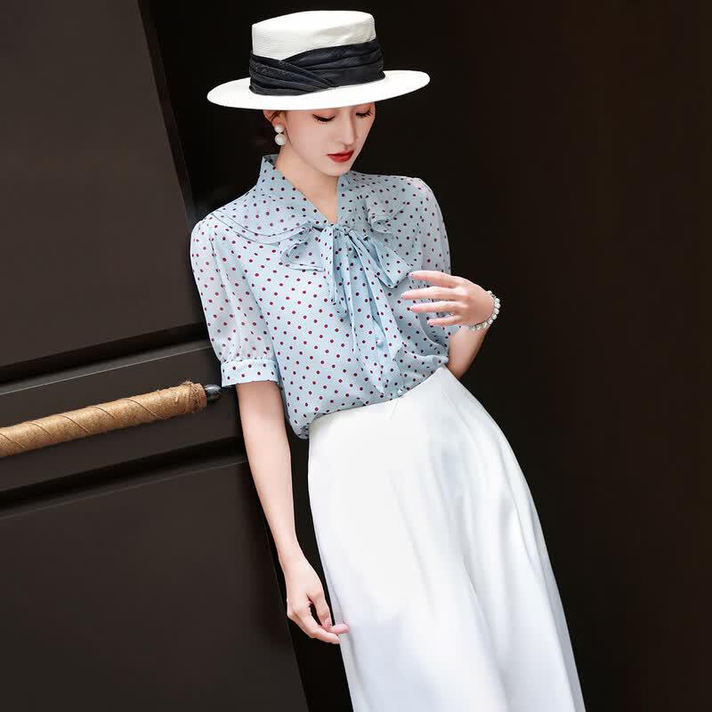 Women s Polka Dot Ruffle Tie-Neck Blouse L