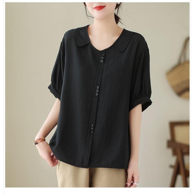 Women's Solid Color Peter Pan Collar Loose Short Sleeve Shirt Casual Artistic Office Top
