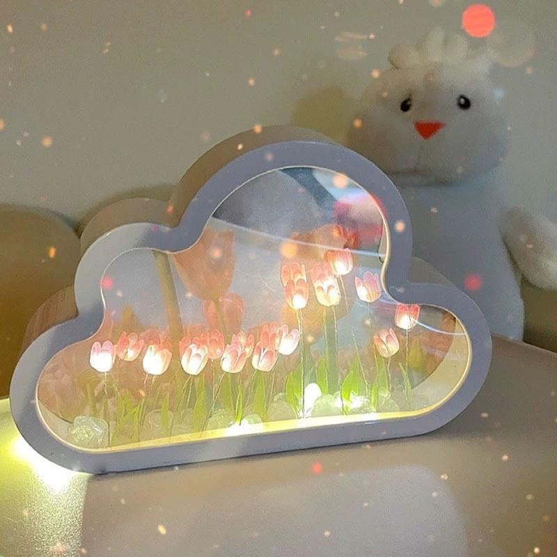 

Handmade DIY Cloud Mirror Tulip Flower Sea Night Light Atmosphere Lamp Bedroom Table Lamp Home Christmas Decor Birthday Gifts Button Cell