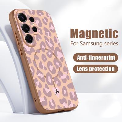 Magnetic For Magsafe Case For Samsung Galaxy S26 Ultra S25 Edge S24 Plus S23 FE S22 A54 A55 A56 5G Pink Leopard Print Matte Cover