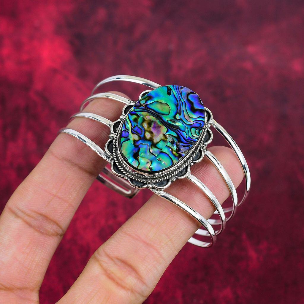 Abalone Shell Bangle 925 Solid Sterling Silver Jewelry, Handmade Gemstone Bangle Jewelry, For Wedding Gift