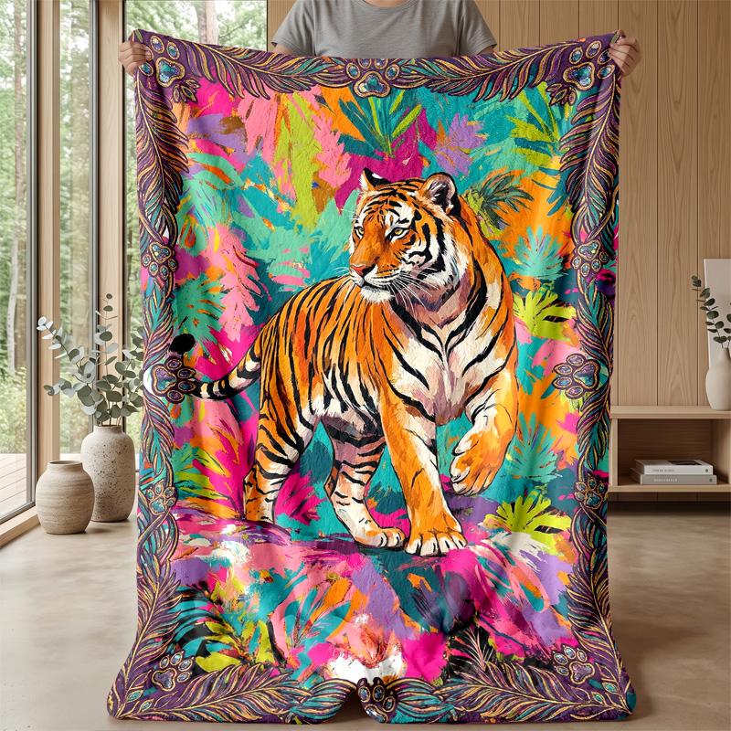 Tiger in Tropical Jungle Theme blanket Lightweight Warm Flannel Blanket Decorative Throw Blanket for Home Decoration