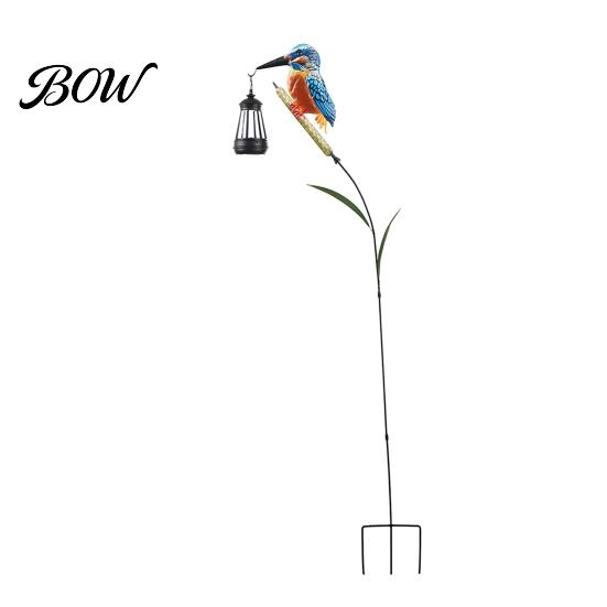 Solar Powered Outdoor Decor Kingfisher Garden Stake Light, Metal Bird Yard Art with Hanging Lantern, Auto-On Decorations LED Waterproof Patio