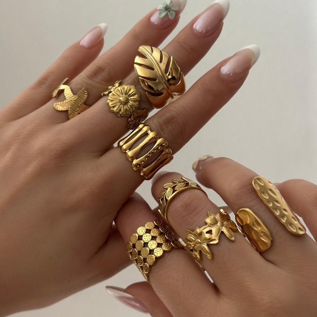 Vintage Stainless Steel Starfish Leaf Daisy Flower Wide Finger Rings For Women Men Punk Bone Honeycomb Irregular Ring Jewelry