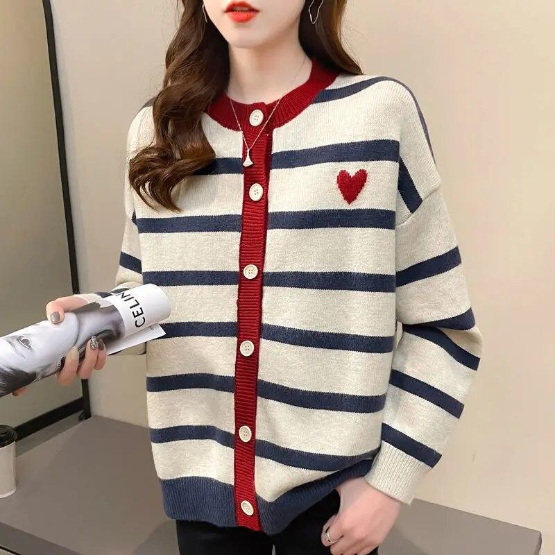 Autumn Winter New Versatile Stripe Color Block Button Round Neck Knitted Cardigan Women Core Yarn Long Sleeved Commuter Sweater