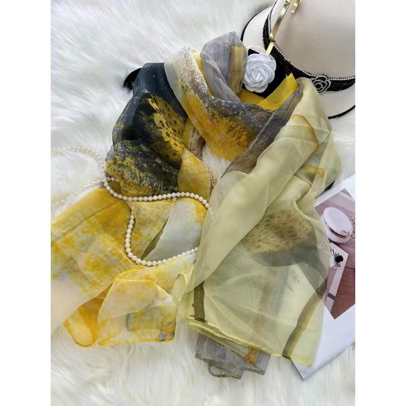 Silk Scarf Folral Women Summer Hijab Luxury Print Sunscreen Shawl Wraps Bandana Ladies Head Scarves Large Foulard Echarpe