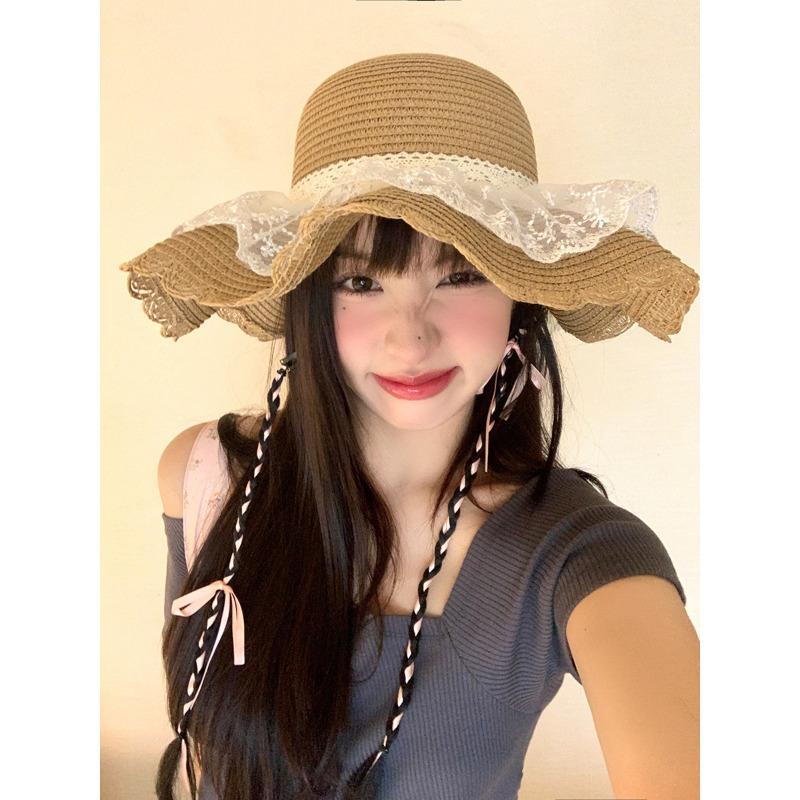 Straw hat women's new summer lace bow straw hat travel sunscreen hat beach seaside big brim