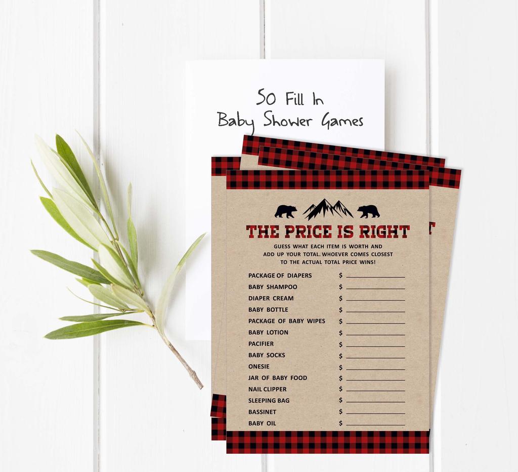 Inkdotpot 50 Sheet Lumberjack If The Price Is Right Rustic Kraft Baby Shower Game Gender Neutral Party