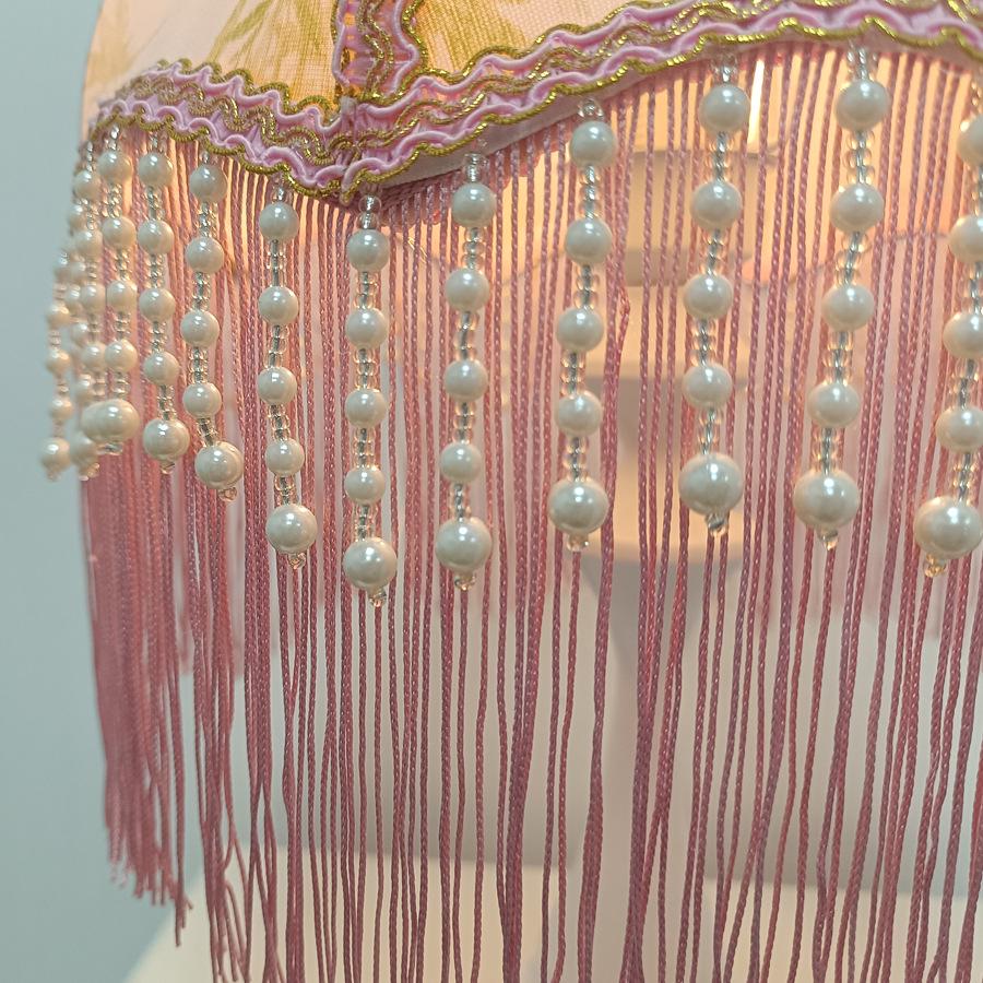 Elegant White and Pink Bamboo Pattern Lampshade with Pearl Tassel and Inlaid Edge - Versatile Style Fit