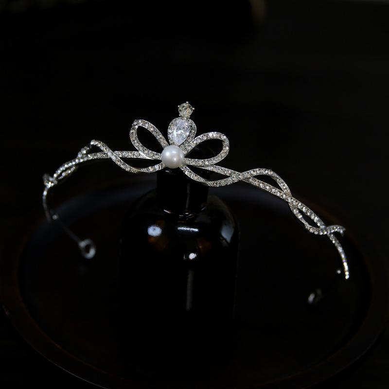 Koreanisch Neu Exquisit und Schlicht Zirkon Perle Schleife Braut Hochzeitskrone Tiara Krone Tiara