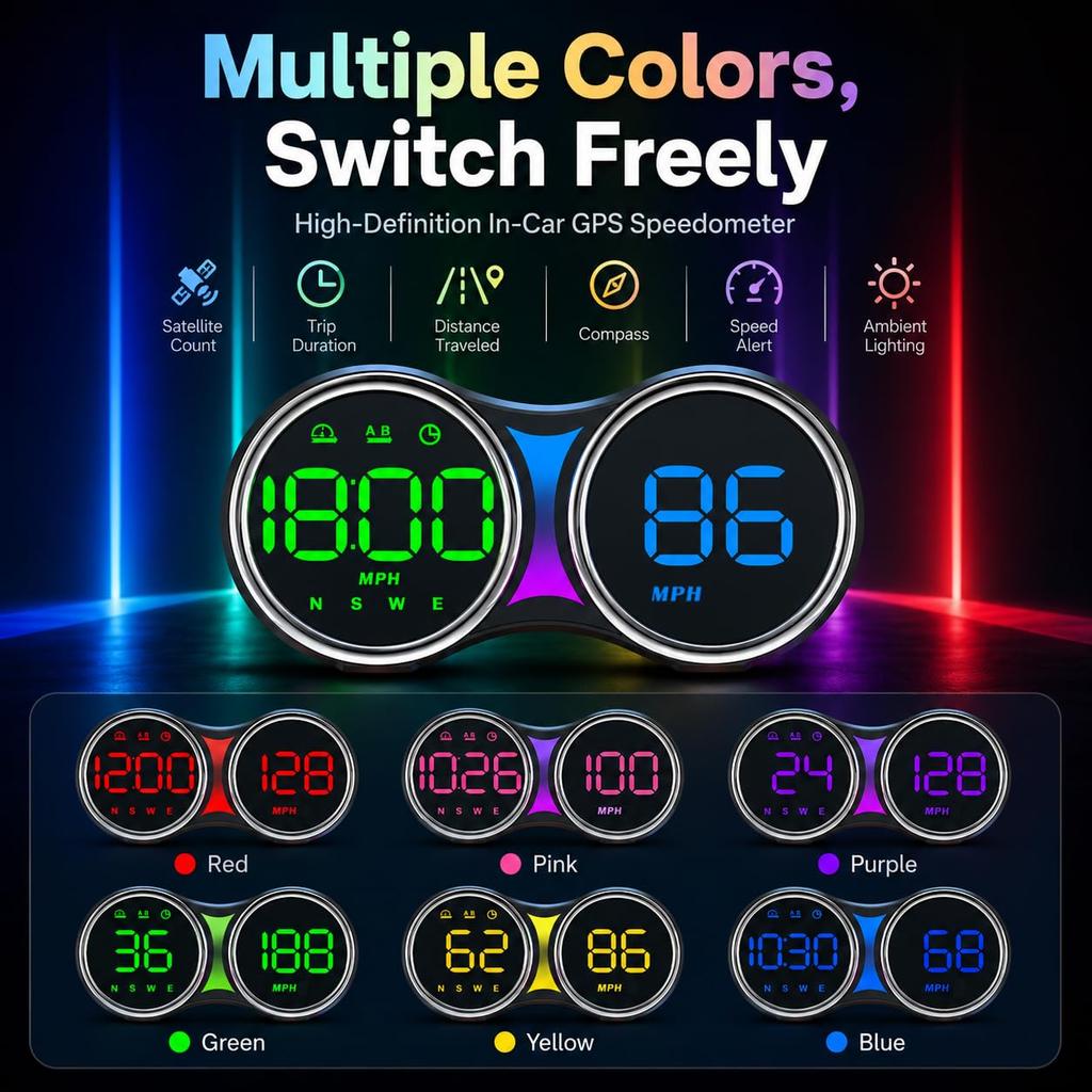 GPS Speedometer for Car, Universal MPH HUD Heads Up Display with Large Digital Screen Overspeed Alarm & Fatigue Driving Alert USB Powered Compatible