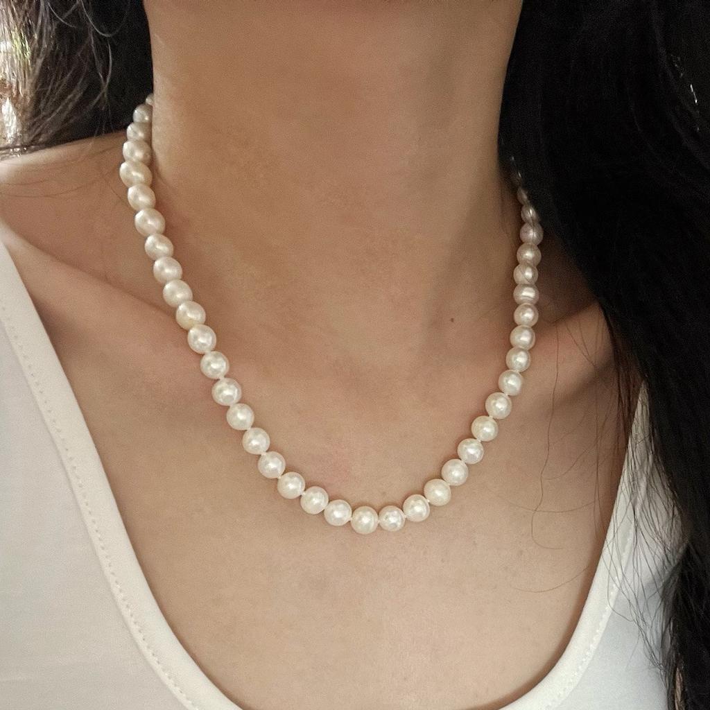 National Style Retro 8Mm Natural Freshwater Pearl Necklace Women'S Collarbone Chain Neck Chain For Mother Gift Commute
