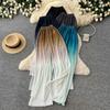 Spring Autumn High-Waisted Gradient-Print Pleated Wide-Leg Pants for Women