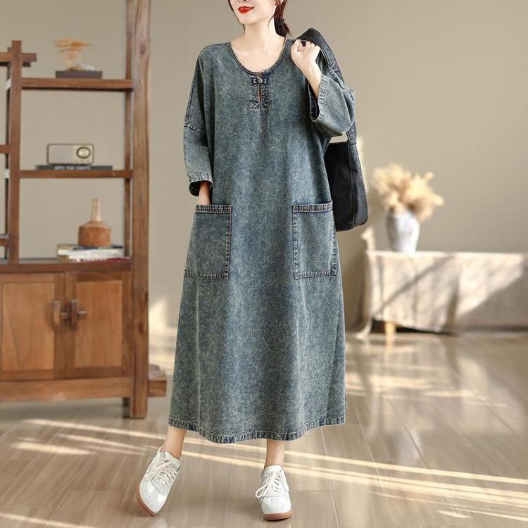 Plus Size Denim Dress Vintage Loose Long Maxi Dress Women Casual Cotton Dresses Autumn