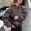 Giacca Bomber da Pilota da Donna Grigia Vintage con Collo Alto, Manica Lunga, Zip, in Pelle Scamosciata