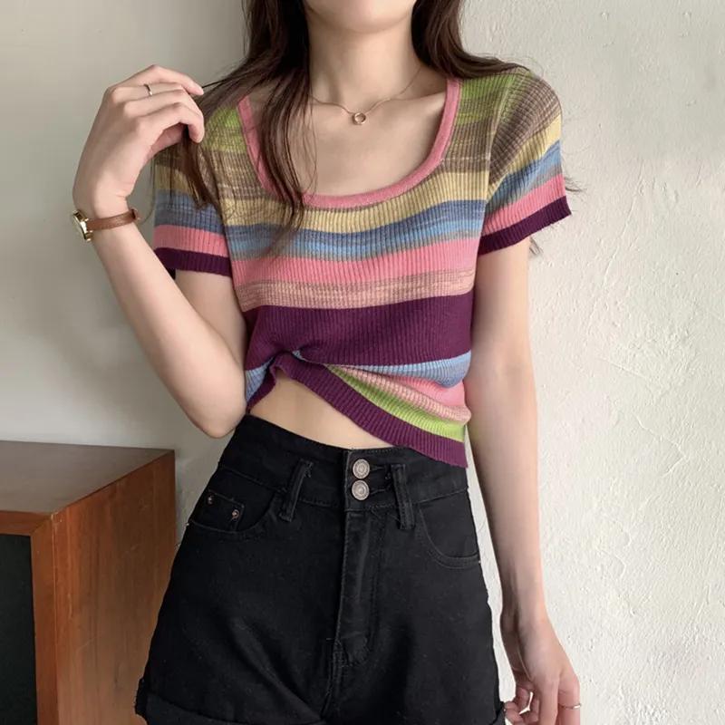 Women s Multicolor Stripe Knit Short Sleeve Crop Top S синий