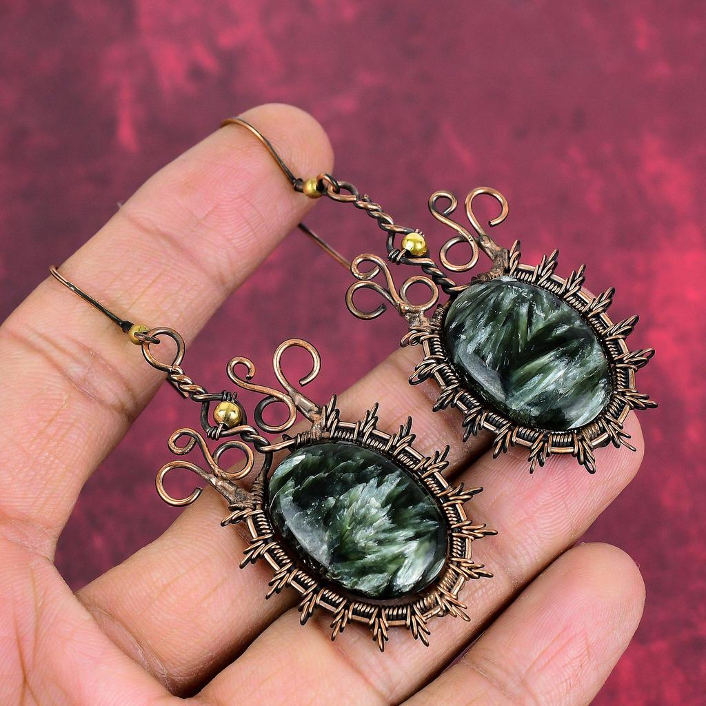 Brincos de pedra serafinita brincos com arame de cobre enrolado brinco delicado feito à mão joias de arame de cobre brinco longo incrível presente de aniversárioS