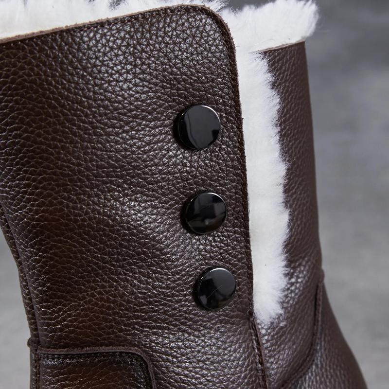 Johnature Genuine Leather Snow Boots Women's Shoes Plush Warm Versatile Soft Soled Mid-calf Boots