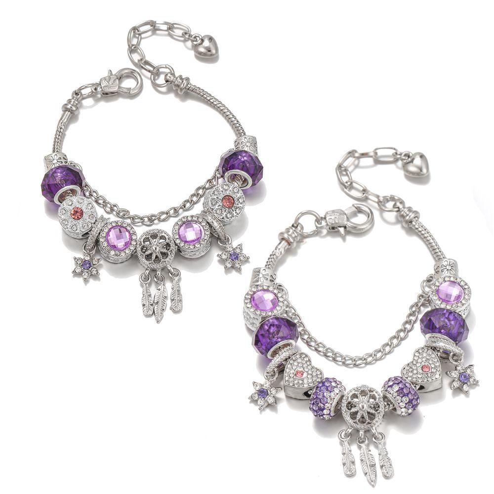 SS925 Silver Color Charm Bracelet with Purple Crystal Beads and Dreamcatcher Pendant Bracelet for Women's Gifts