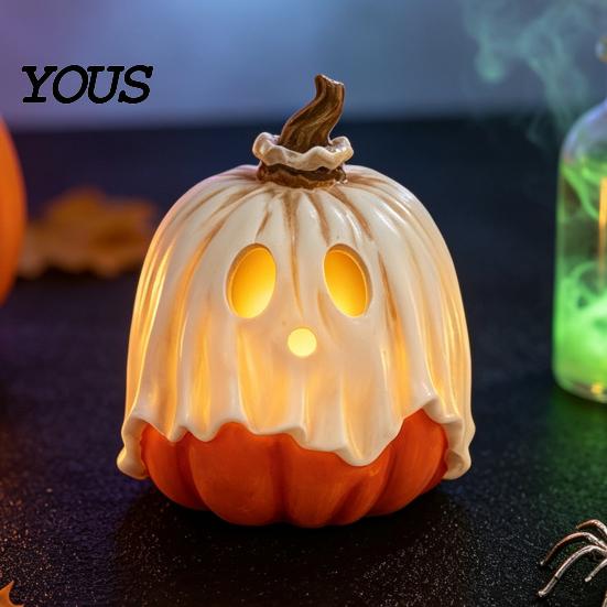 Festive Halloween Table Decor Light Up Ghost Pumpkin Decoration, Vintage Detachable Lamp with Indoor Fall Decorations LED Candle for Kitchen Tabletop