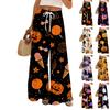 Women's Casual Fashion Halloween Print Elastic Waist Drawstring Pockets Wide Leg Straight Trousers