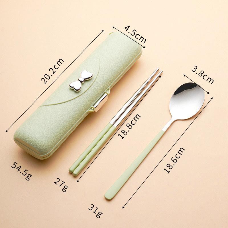 304 Stainless Steel Portable Cutlery Set: Leather Grain Bowknot Box with Korean Style Spoon, Fork, and Chopsticks.