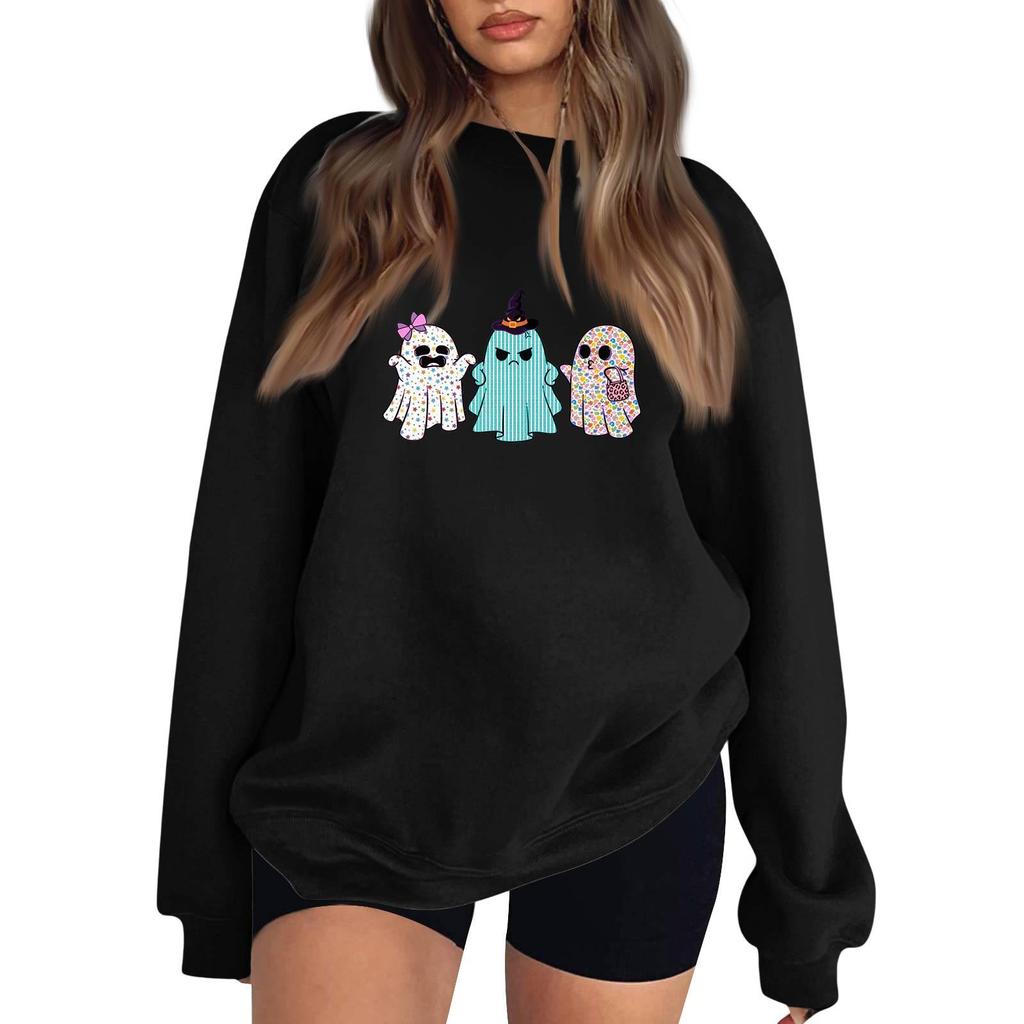 Women's Neck Long Sleeve Loose Fit Casual Sweatshirt Pullover Top with Halloween Print