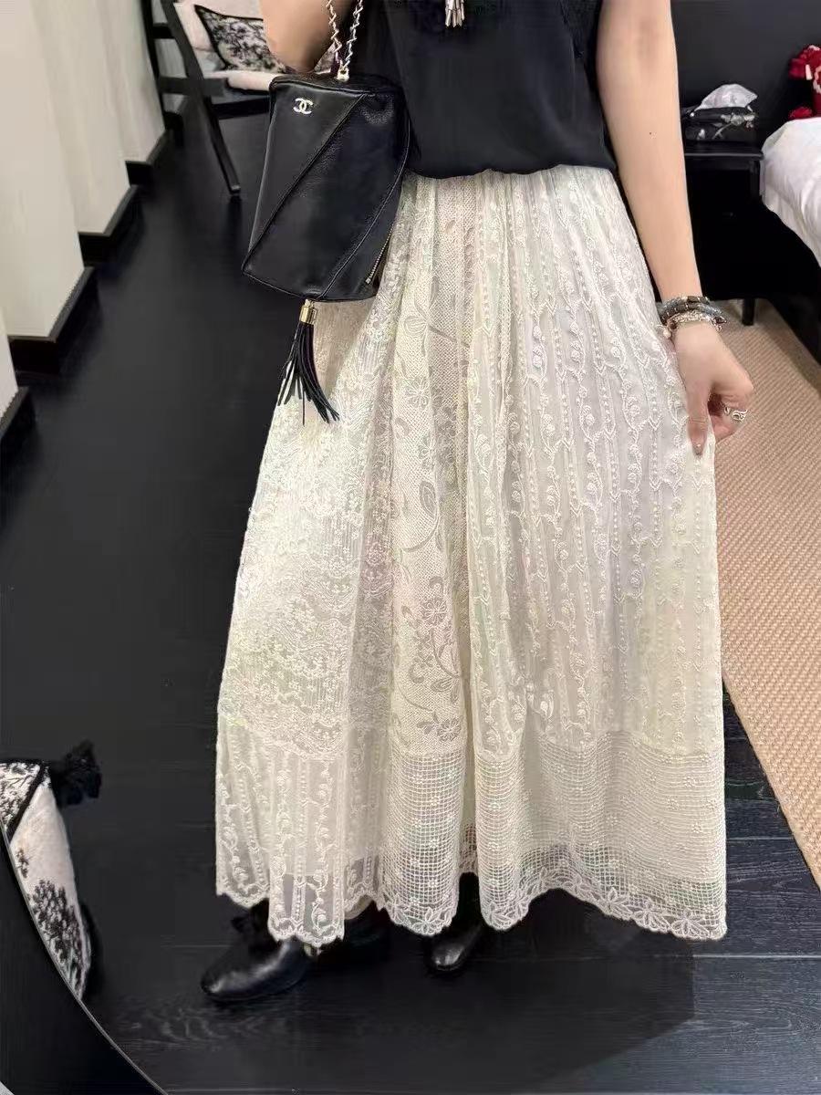 Elegant French Lace Midi Skirt for Women - Autumn Style, Elastic Waist, Slim Fit, A-line, Wide Hem One Size абрикосовый